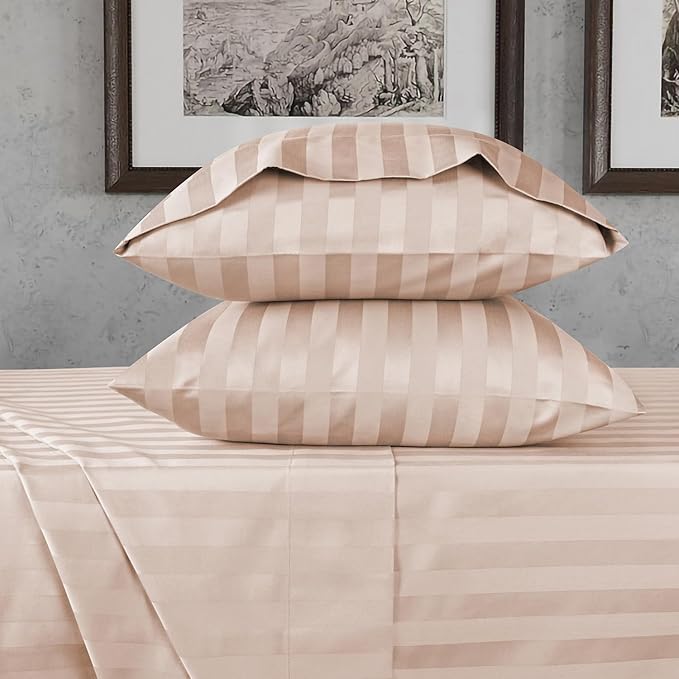URBANHUT 800 Thread Count 100% Cotton Damask Twin Size Sheets, 4 Piece Striped Twin Size Bedsheets, Luxury Hotel Sheets Sateen Weave - Better Than Egyptian, 14" Elasticized Deep Pocket- Blush Pink