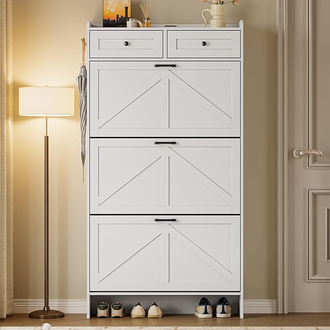 Shoe Storage Cabinet for Entryway, Farmhouse Narrow Shoe Cabinet with 3 Flip Drawers & 2 Top Drawers, Adjustable Shelves & Hooks, Freestanding Hidden Rack Organizer for Hallway, Foyer