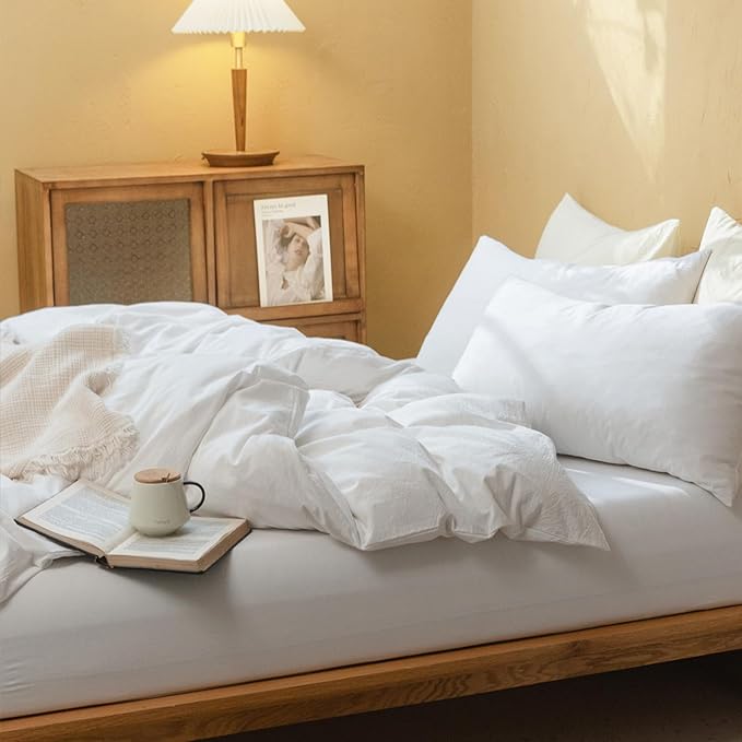FOSSA White Duvet Cover Set, 100% Washed Cotton Linen Feel Super Soft Breathable Cozy 3 Pieces Bedding Sets Solid Off White Twin