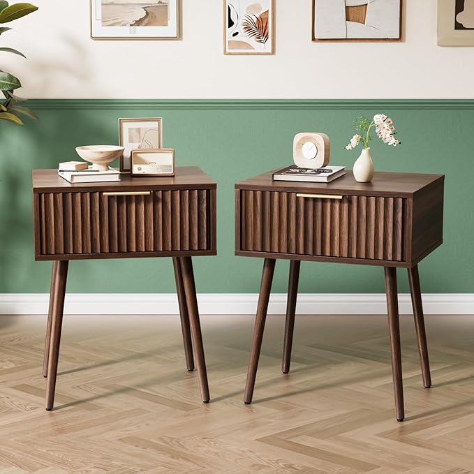 VINGLI Nightstands Set of 2, Fluted Night Stand with Drawer, Bedside Table, Wood Nightstand for Bedroom, Mid Century Modern End Tables, Walnut, 18.9" W*14.96" D*24" H