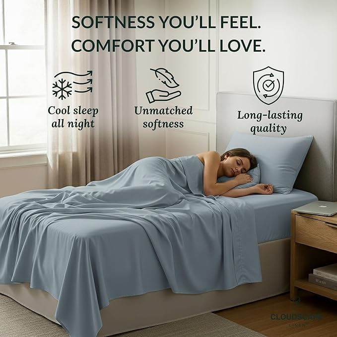 Cloud Scape Linen 100% Egyptian Cotton Sheets Twin Size, 3 Pieces Luxury Bedding Set, 400 Thread Count,Hotel Quality, Silky Soft, Breathable and Durable, Deep Pockets up to 15, French Blue