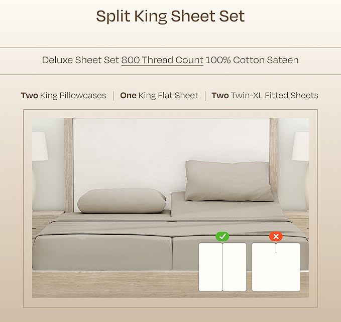 California Design Den Split King Sheet Set - Luxury 800 Thread Count, 100% Cotton Sateen, Bedding Set with Deep Pockets Sheets - Beige