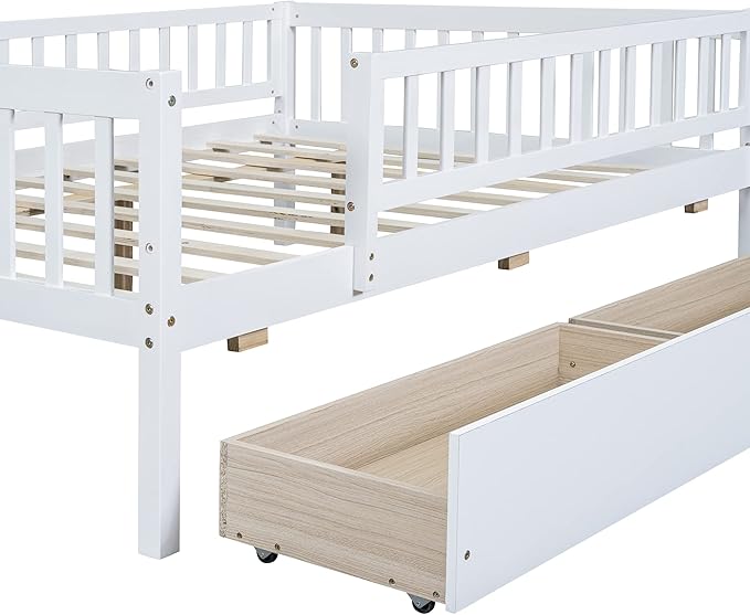 Bellemave Full Size Bed Frames with Rails for Kids, Full daybed Frame with Drawers for Boys/Girls/Adults， White