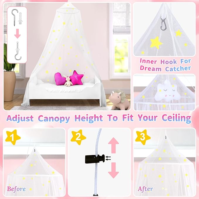 South to East Bed Canopy for Girls with Glowing Stars, Princess Canopy Bed Curtains for Kids, Starry Net Canopy for Girls Room Decor, Kids Bed Canopy for Single, Twin, Full, Queen Size Bed