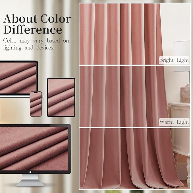 Dusty Rose Pink Velvet Curtains for Girls Bedroom Room Darkening Thermal Insulated Soundproof Curtain 102 Inches Long Cute Window Drapes for Living Room, Back Tab Rod Pocket, W52 x L102, 2 Panels