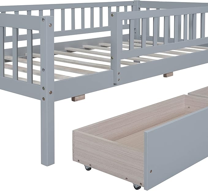 Bellemave Twin Bed Frames with Rails for Kids, Twin daybed Frame with Drawers for Boys/Girls/Adults，Gray