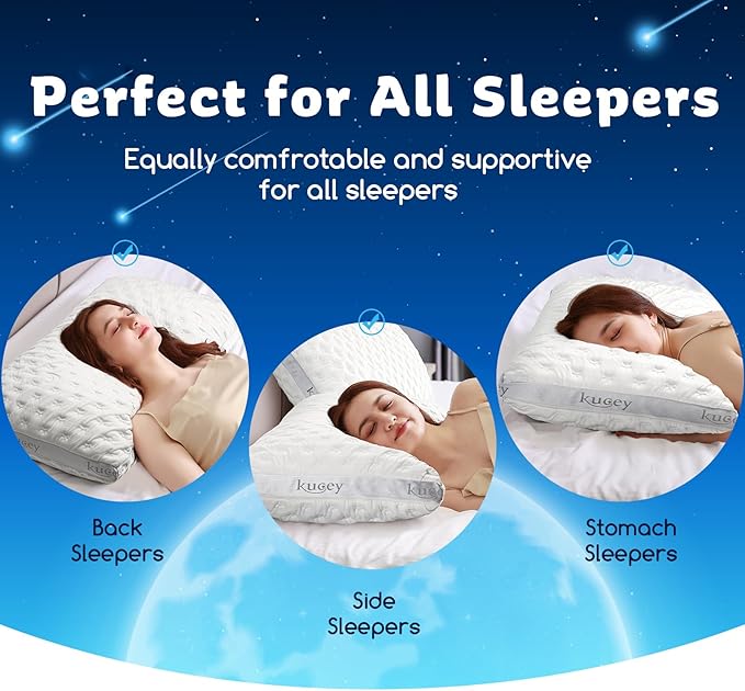 Luxury Cooling Side Sleeper Pillow for Neck and Shoulder Pain, Medium Firm Bed Pillows Queen Size Set of 1 Luxury Shredded Memory Foam for Sleeping Adjustable Washable Cover Crescent White