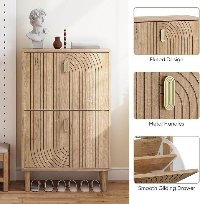 Smuxee Shoe Cabinet with 2 Flip Drawers, 23.6" Oak Hidden Shoe Storage Cabinet with Line Groove Design, Freestanding Shoe Organizer Cabinet for Entryway, Hallway, Living Room