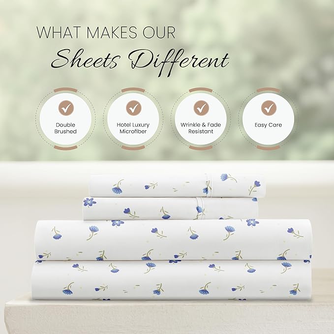 Linen Market Double-Brushed Patterned Microfiber California King Sheet Set 4 Piece – Oeko-TEX Certified Ultra Soft & Wrinkle-Free - 16" Deep Pocket Sheets Easy Care Cal-King Size - Soft Floral Blue