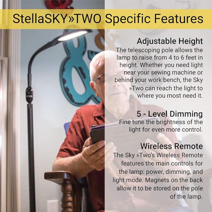 Stella Sky Two Premium 10W LED Task Light Floor Lamp - Black - Adjustable Dimmable Low Vision Natural Sunlight - Bright Macular Degeneration Lighting - Hobby, Crafting, Sewing, Artist, Reading, Office