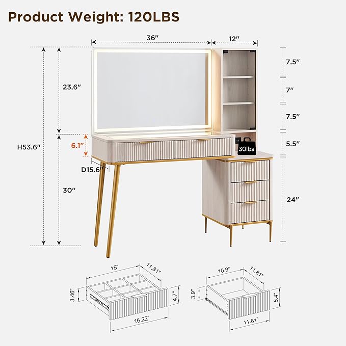 T4TREAM Fluted Makeup Vanity Desk with 36" HD Lighted Mirror, 48" Big Modern Vanity Desk with Mirror and Lights, Dressing Table with 5 Drawers & Shelves, Glass Top for Bedroom (Alder White)