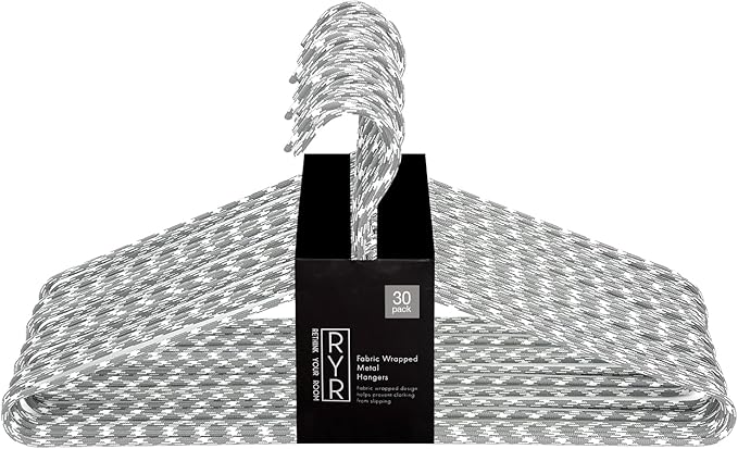Clothes Hangers 30 Pack – Space Saving Fabric & Metal Hangers, Non-Slip Pant & Coat Hangers, Room Essentials, Closet, Durable Wardrobe Storage for Shirts, Suits & Pants – Grey/White