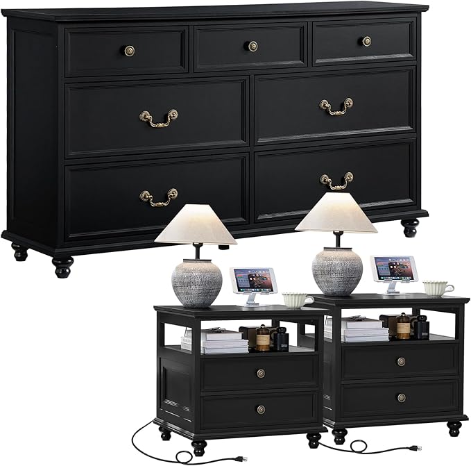 Farmhouse Furniture Set, Nightstands Set of 2 and 7 Drawers Dresser for Bedroom, 54 Inch Wide Wood Dresser and 24" Night Stands with Charging Station for Bedroom, Living Room, Hallway