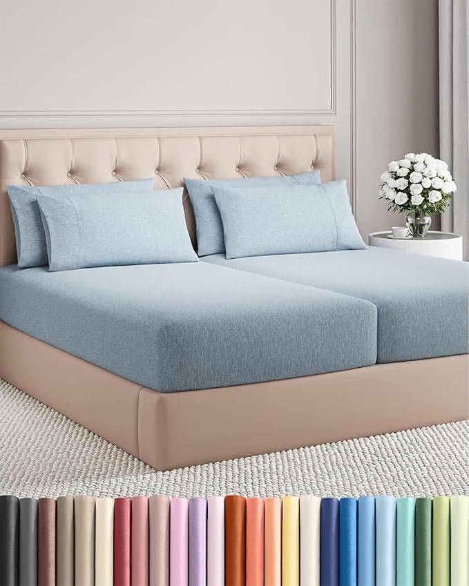Split King 7 Piece Sheet Set - Cooling & Breathable - Hotel Luxury Bedding Includes Fitted Sheets for Women, Men, Kids & Teens - 1 Flat, 2 Fitted Sheets, 4 Pillowcases w/Deep Pockets - Heathered Blue