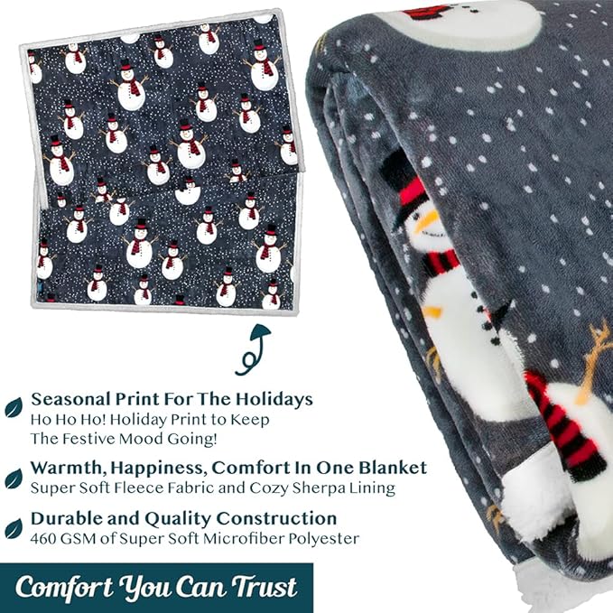 PAVILIA Premium Christmas Sherpa Throw Blanket, 50x60, Grey Snowman Cozy Fleece Holiday Blanket, Reversible Plush Winter Throw for Couch & Bed, Ultra Soft Warm