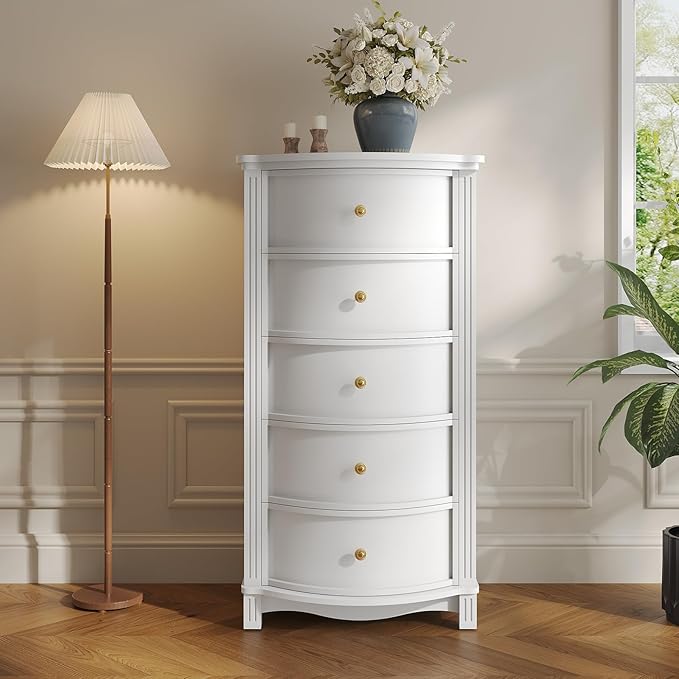 AuraCurve Tall 5-Drawer Chest, Elegant Dresser with Five Arc Fronts, Roman Column Decor, Slim Floor Standing Storage Cabinet, 48.6x23.6x15.7 Inches(White, 5 Drawer)