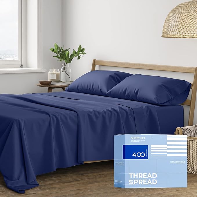 THREAD SPREAD 100% Cotton Queen Sheets Set - 400 Thread Count Queen Size Sheets (4 PC, Navy Blue), 16" Deep Pocket All Around Elastic, Soft, Cooling, Durable & Breathable Sateen Weave Bed Sheet Set