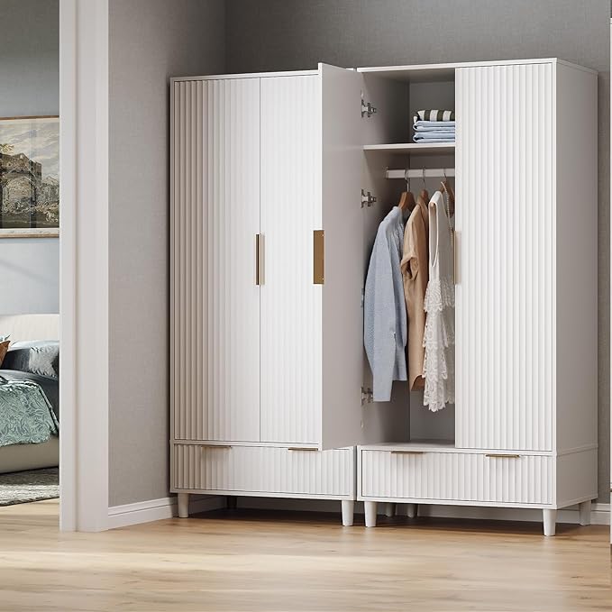 VINGLI Fluted Wardrobe Closet Armoire with Doors And Drawers, White Wardrobe Cabinet with Hanging Rack, Bedroom Closet Wood, Free Standing Armoire with Shelf and Solid Wood Legs, 31.5"W*19.7"D*69.3"H