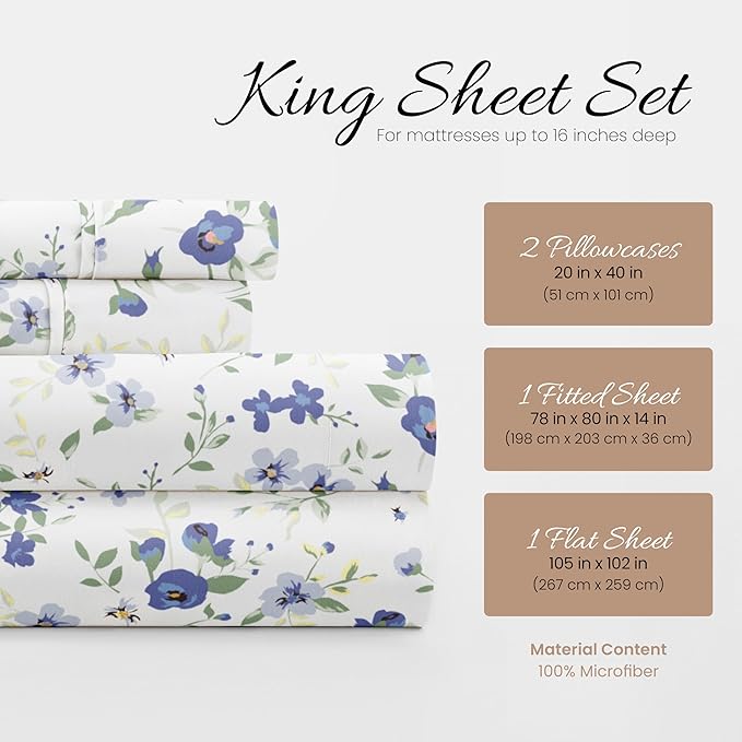Linen Market 4 Piece King Sheet Set - Breathable, Double-Brushed Patterned Cooling Sheets – Oeko-TEX Certified Ultra Soft & Wrinkle-Free 16" Deep-Pocket King Sheets - Easy Care Blossoms Light Blue