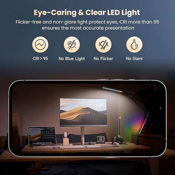 Pak LED Desk Lamp with Clamp, 18W Dual Light Architect Desk Light, Adjustable Swing Arm RGB Light Sensor Switch, Eye-Caring 4 Modes Stepless Dimming Table Lamp for Home Office Reading Study Gaming
