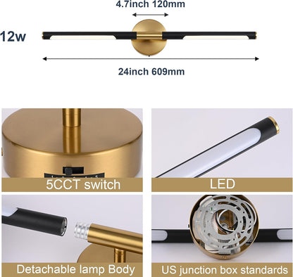 BONLICHT Bathroom Light Fixtures Over Mirror 24 Inch, 12W 350°Rotatable Dimmable 2700-5500K LED Wall Vanity Light Bar Black and Brushed Brass Modern Bathroom Vanity Lights picture and display lighting