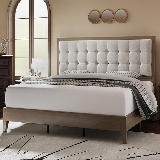 Jocisland Wood King Size Bed Frame,Tall Upholstered Tufted Headboard, Solid Wood Platform, No Box Spring Needed, Ash Gray