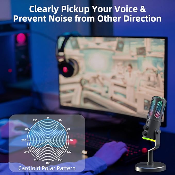 Wireles USB Condenser Microphone for PC Laptop - Studio Sound Gaming Mic for Podcast Streaming Asmr YouTube with Volume Control, Reverb Mode