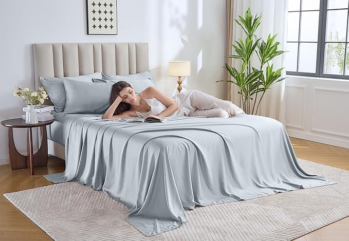 Pure Bamboo Queen Sheets, Genuine 100% Organic Viscose Derived from Bamboo Bed Sheet Set, Luxuriously Soft & Cooling, Double Stitching, 2 Year Quality Promise (Queen, Glacier)