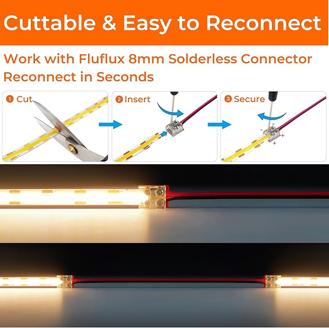Candlelight COB LED Strip Lights 2400K, 3W/FT, 16.4FT 24V LED Tape Light with 3M VHB Backing, CRI 95, UL Listed, Cuttable, Dimmable, Bendable for Bars, Restaurants, Relaxing (NO Power Supply)