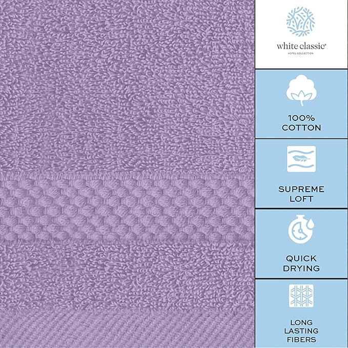White Classic Luxury Cotton Washcloths 13x13 Inch - 650 GSM Turkish Cotton | Hotel, Spa, Bathroom Face Towel | 12 Pack, Lavender