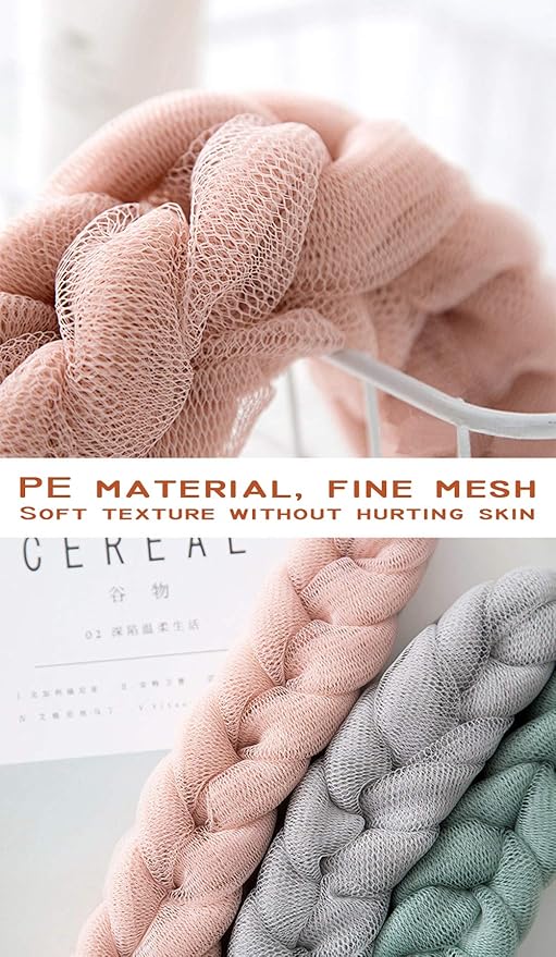 AARainbow 4 Packs Long Stretch Back Sponge with Rope Handles Back Scrubber Bath Shower Mesh Sponge Exfoliating Body Scrub Stretch Braided Loofah for Men and Women (1 White+1 Grey+1 Pink+1 Lotus Pink