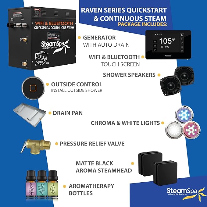 SteamSpa Steam System 12kW Steam Shower Generator with Bluetooth Wifi, Quickstart Continous Steam, Advanced Touch Pad Screen, Chroma Lights, Drain Pan and Auto Drain Black RVBS1200BK-A