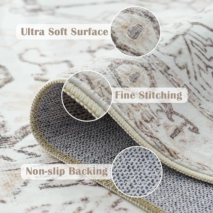 jinchan Lima Runner Rug 2x5 Washable Hallway Runner - Vintage Floral Non Slip Low-Pile Soft Ultra-Thin Kitchen Rug Distressed Carpet for Farmhouse Bedroom Entryway Laundry Room (2x5ft, Taupe)