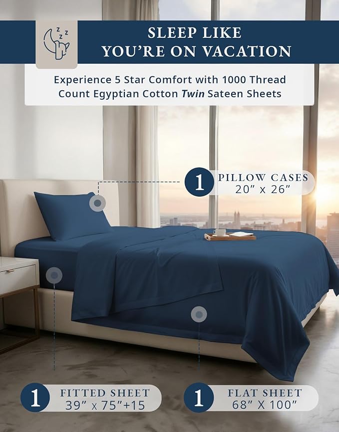 LANE LINEN 100% Cotton Bed Sheets Twin Size - 1000 Thread Count, Long Staple Mercerized Cotton Bedding Sheets, Luxury Hotel Like Thick 15" Deep Pocket Sheets Set, Reinforced French Seams -Estate Blue