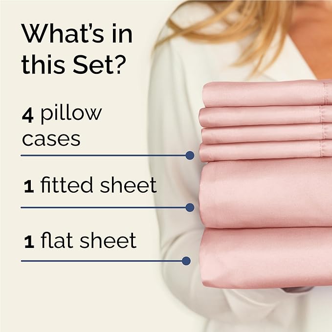 Full 6 Piece Sheet Set - Cooling, Comfy & Breathable - Hotel Luxury Bedding, Includes Fitted Sheet for Women, Men, Kids & Teens - 1 Flat, 1 Fitted Sheet, 4 Pillowcases with Deep Pockets - Baby Pink