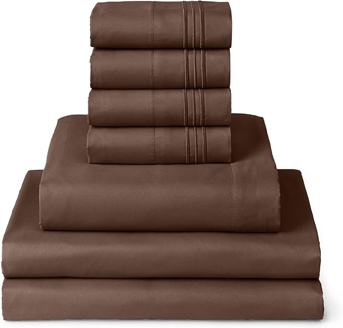 Mellanni Split King Sheet Set - 7-Piece Iconic Collection Bedding, (Including 4 Pillowcases), 16-Inch Deep Pocket, Easy Care, Extra Soft, Cooling Sheets, Brushed Microfiber - Brown