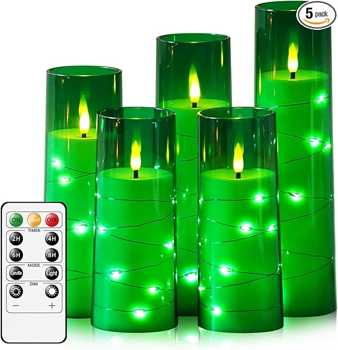 Flameless LED Candles with Timer 5 Pc Flickering Flameless Candles for Romantic Ambiance and Home Decoration Stable Acrylic Shell,with Embedded Star String，Battery Operated Candles（Green）