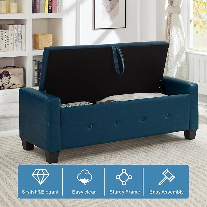 48" Storage Ottoman Bench, Upholstered Button-Tufted End of Bed Bench with Soft-Close Hinge & Solid Wood Legs, Foot Rest for Living Room, Bedroom, Hallway (Faux Leather, Blue)