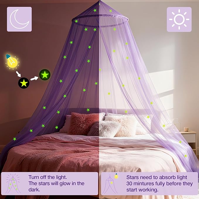 Purple Princess Bed Canopy for Girls with Glowing Stars, Canopy Bed Curtains for Twin, Full, and Queen Sizes; Ceiling Tent for Reading Nooks, Mosquito Net for Indoor Room Decor and Outdoor Use