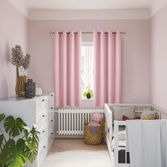 BGment Baby Pink 100% Blackout Curtains for Nursery Bedroom 63 Inch Length 2 Panels, Thermal Insulated Full Light Blocking Grommet Noise Cancelling Window Curtains for Girls Room, 52 Inch Wide Each
