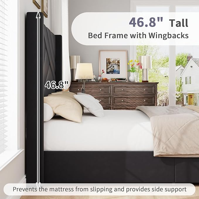 BarnFurin Full Size Upholstered BedFrame, Velvet Platform Bedwith Geometric TuftedHeadboard& Footboard, Wingback Design, attress Foundation with Wooden Slats, No Box Spring,Needed NoiseFree.Black