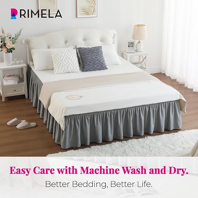 RIMELA Grey Queen Bed Skirt 18 Inch Drop,Elastic Bed Skirts Queen Size Dust Ruffle, Light Gray Bedskirt for Adjustable Bed Base Solid Wrinkle and Fade Resistant Silky Luxurious Fabric Machine Washable