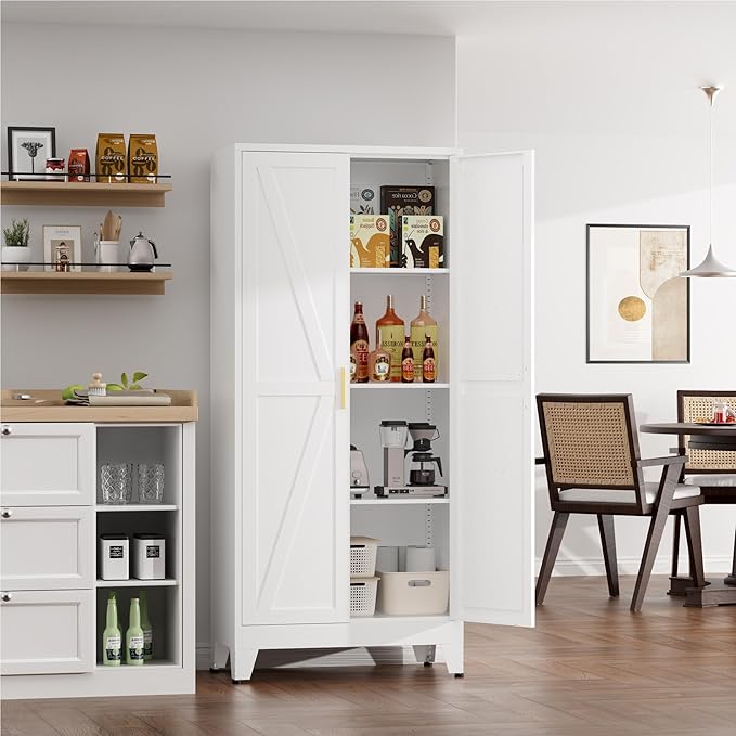 Farmhouse Pantry Cabinet with Barn Doors,61" H x 27.5" W,Metal Cabinet with Adjustable Shelves,4-Tier Storage Cabinet for Kitchen Dining Room Garage,White