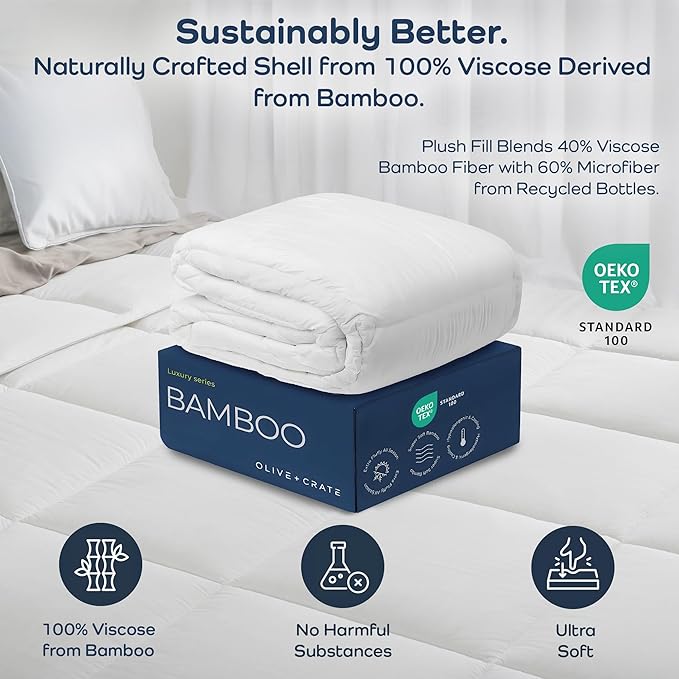 Olive + Crate 100% Cooling Bamboo Comforter from Viscose - Oversized King Size - Hypoallergenic, Breathable & Moisture-Wicking Bedding - All Season Lightweight Plush Design - Organic Bamboo Comforter