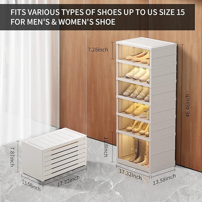 6-Tier Foldable Shoe Rack Organizer for Closet 12Pairs Plastic Shoe Shelf Collapsible Shoes Storage Box Clear Shoe Boxes Stackable with Door Easy Assembly Shoe Cabinet with Lids Large