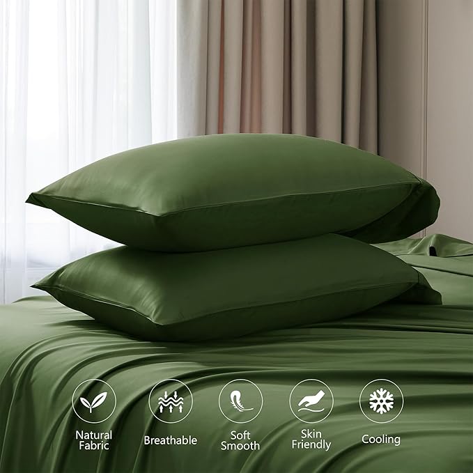Linen World King Size 400TC Cooling Bed Sheet Set - 100% Organically Grown Viscose Sheets, Silky Soft & Breathable, Deep Pocket Fits Up to 16", 4-Piece Sheets with Pillowcases,Juniper Green