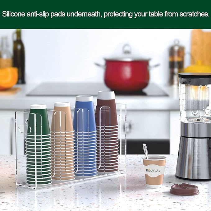 Disposable Coffee Cup Dispenser with Handles, Countertop or Wall Mount Hot/Cold Drink Cup and Lid Holder - Bathroom/Kitchen/Office Acrylic Cup Lid Storage Organizer (4 Compartments, Clear)
