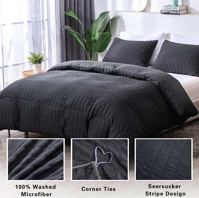 AveLom Seersucker Duvet Cover Set King Size (104 x 90 inches), 3 Pieces (1 Duvet Cover + 2 Pillow Cases), Black Ultra Soft Washed Microfiber, Textured Duvet Cover with Zipper Closure, Corner Ties