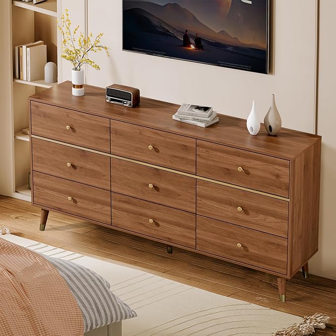 9 Drawer Dresser,63" Wide Mid Century Modern Chest of Drawers,Wooden Bedroom Drawer Dresser with 9 Storage Drawers for Bedroom, Living Room,with Anti-Tipping Device,Walnuts