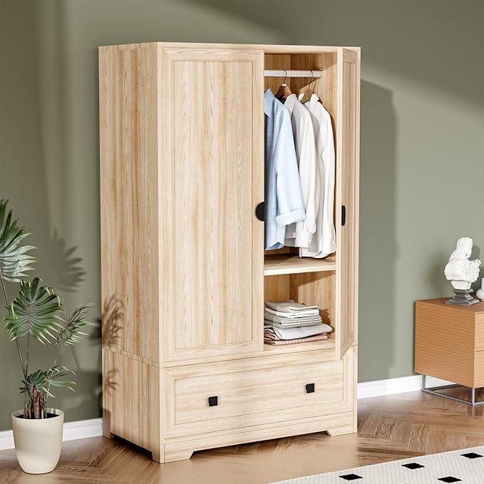 VINGLI Armoire Wardrobe Closet With Doors, Hanging Rod, Shelves and Drawer - Freestanding Cabinet for Bedroom, Dorm - Oak, 38" W x 21" D x 65" H